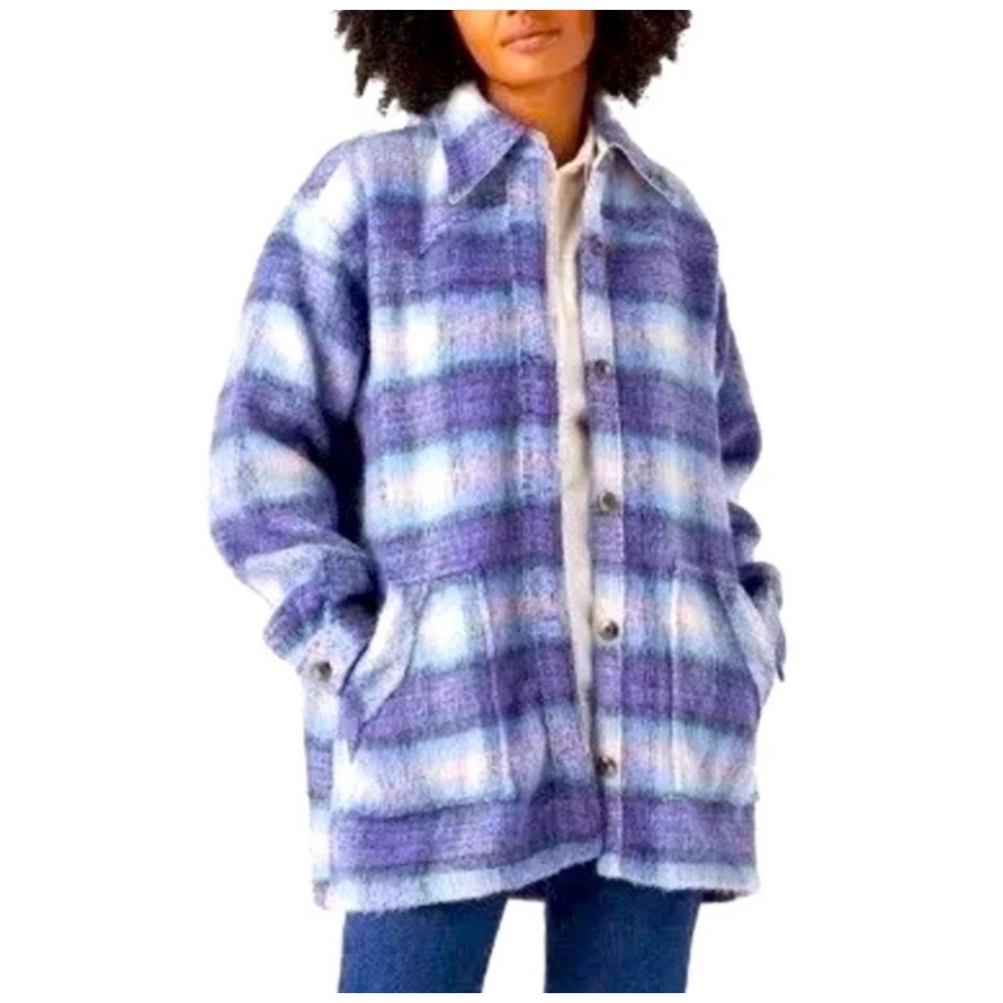 Free People X Wrangler Plaid Fuzzy Shacket Jacket S Wool Blend Workwear Boho